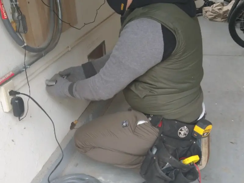 Electrician performing outlet wiring in a Amherst garage